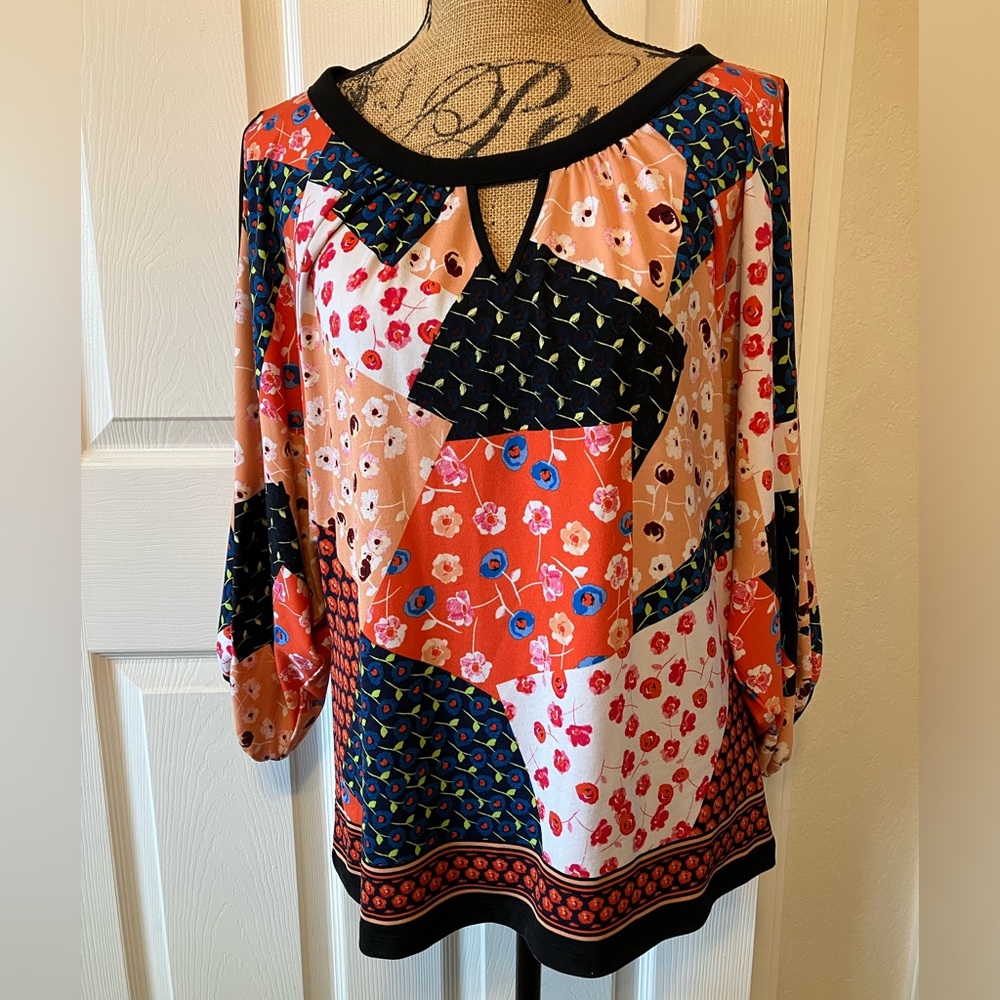 ECI New York Women’s Floral Summer Fall Patchwork Print Cold Shoulder Top L